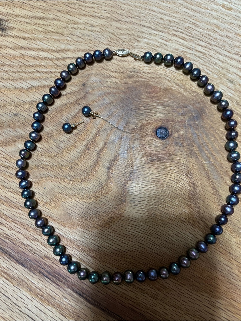 14K Black Green Peacock Freshwater Pearl Necklace and Stud Earrings Set